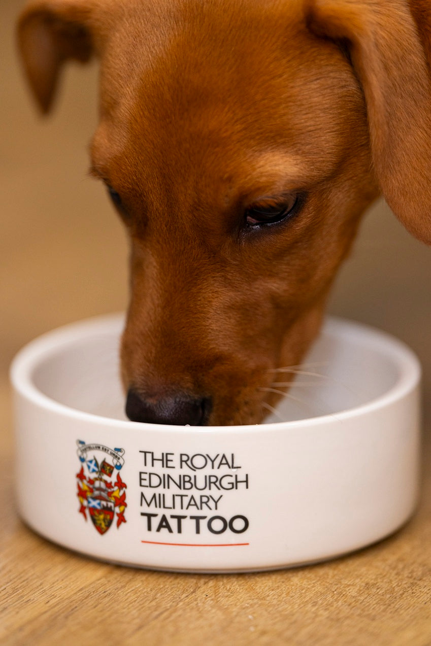 THE ROYAL EDINBURGH MILITARY TATTOO WHITE CERAMIC DOG BOWL